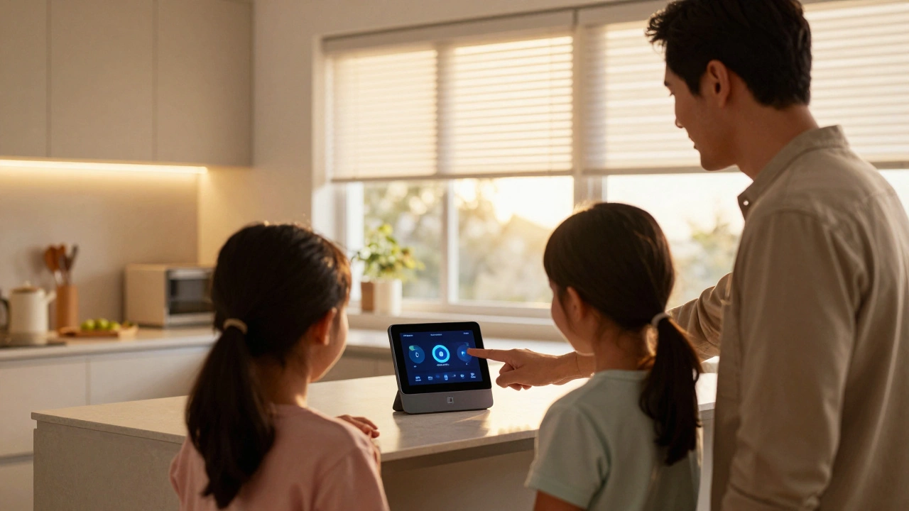 Family learning to use smart home controls with a technician