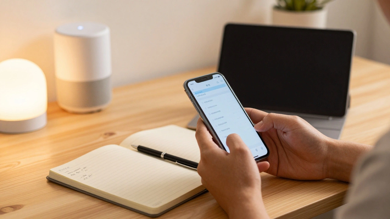 Person documenting smart home routines in a notebook with working devices