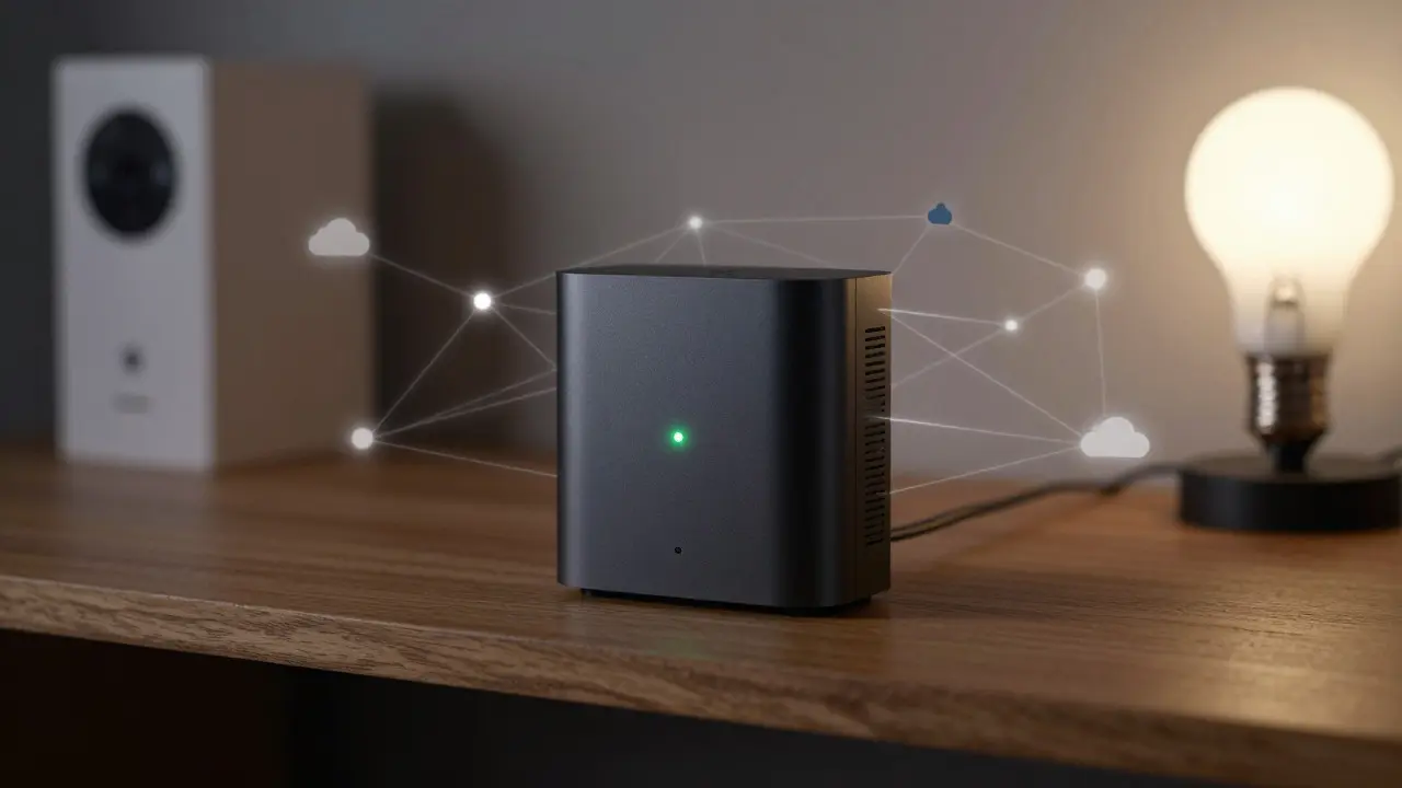 A close-up of a smart home hub with glowing network connections to household devices