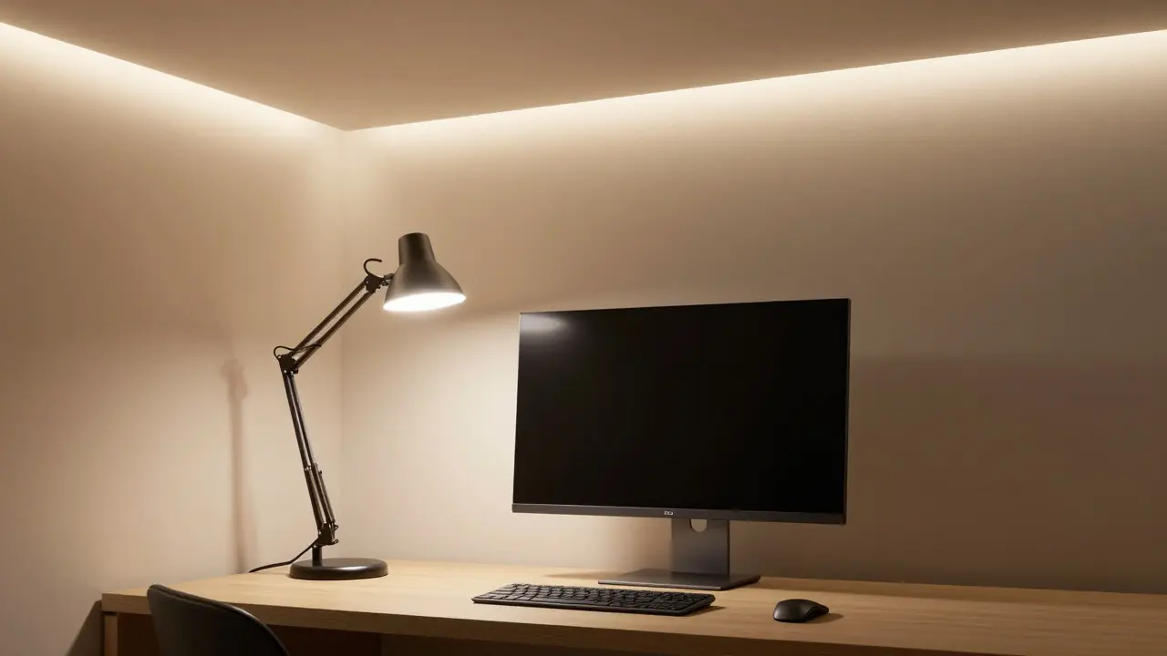 A home office illuminated by a balanced three-layer smart lighting system including cove, task, and fill lights