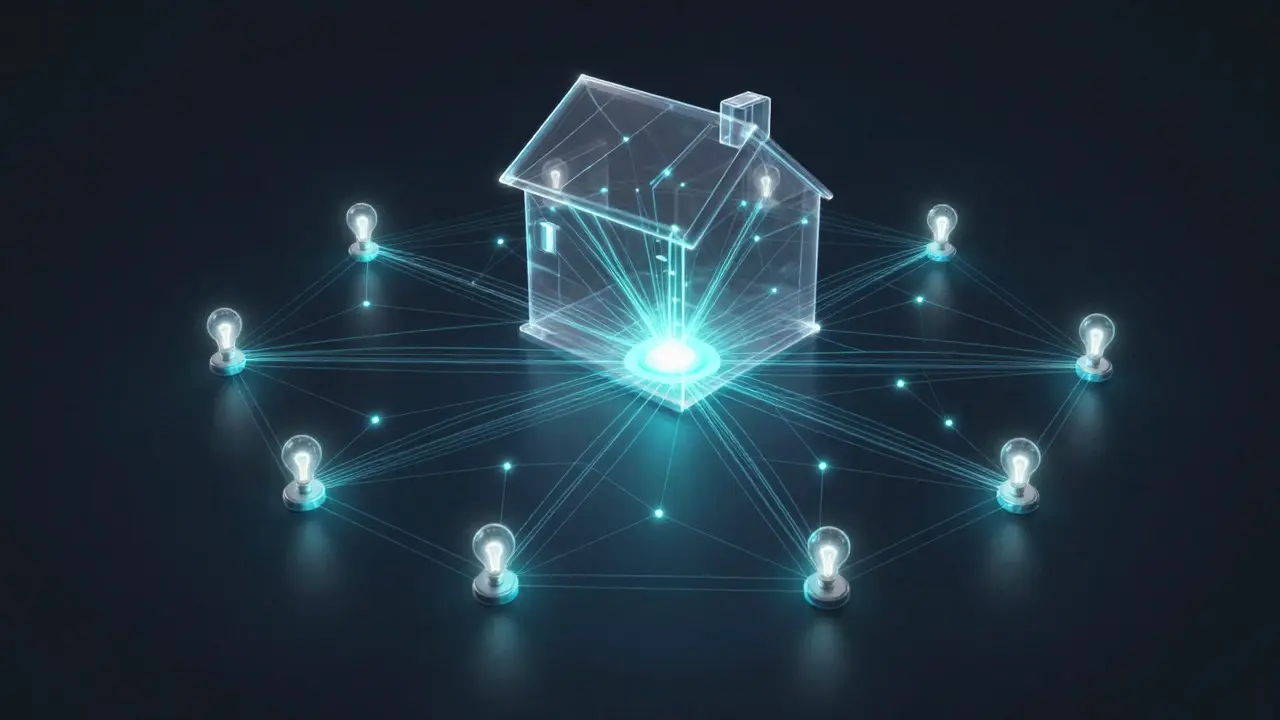 Abstract 3D visualization of a Zigbee mesh network connecting smart home devices