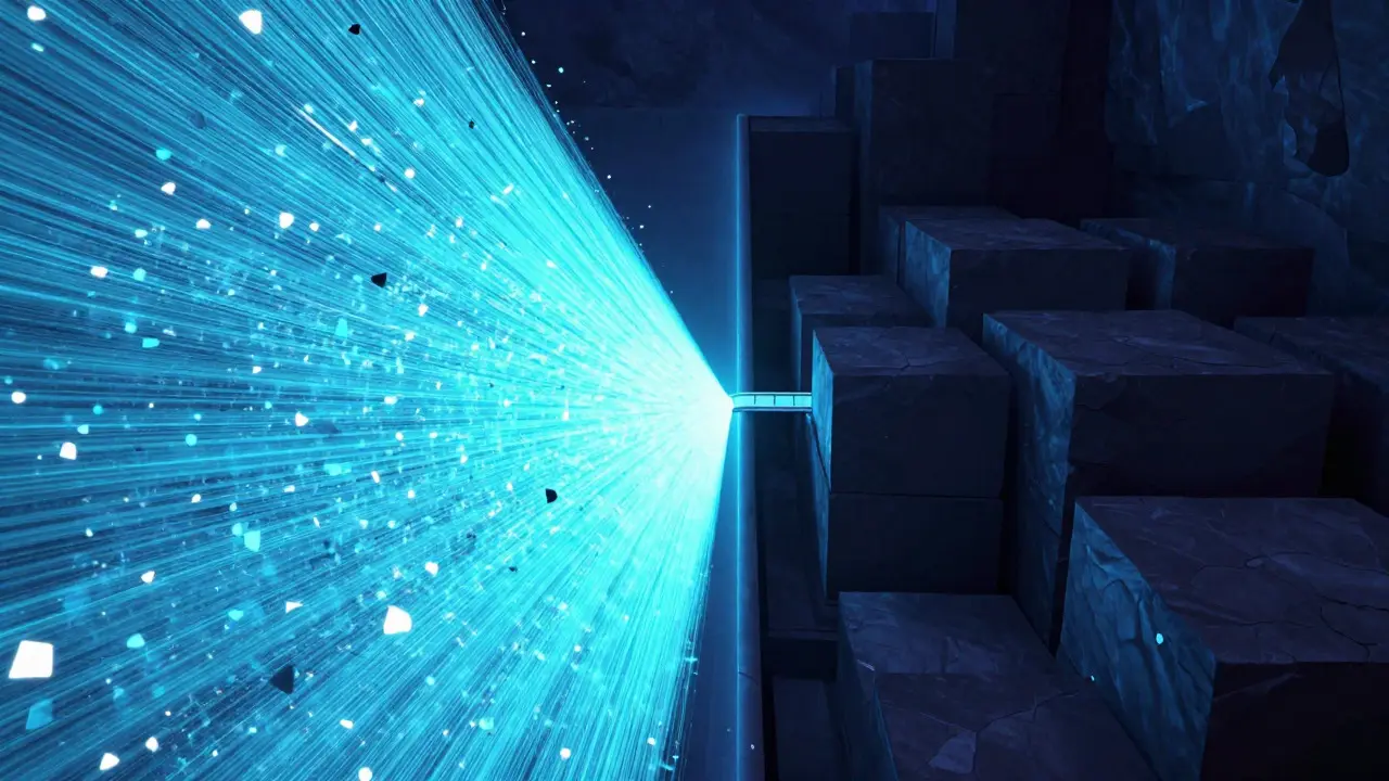 Abstract art showing fast data streams vs heavy storage blocks