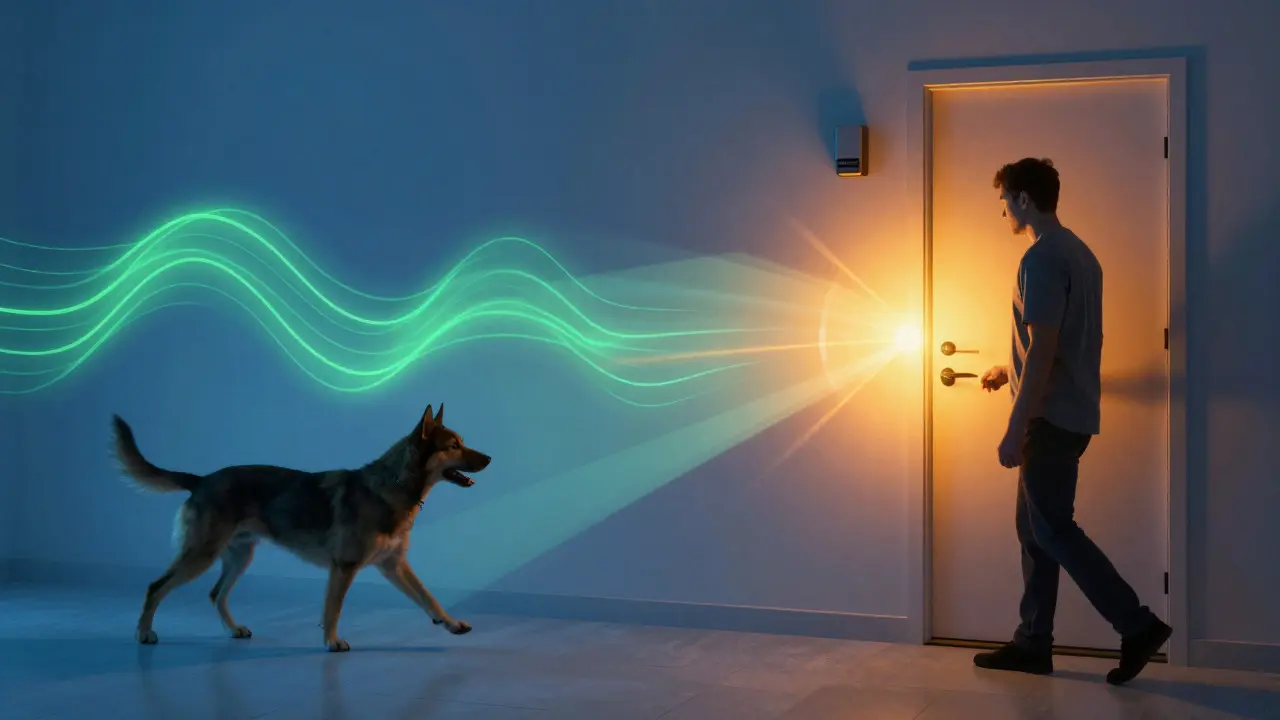 Abstract art showing motion sensor logic distinguishing a pet from a human
