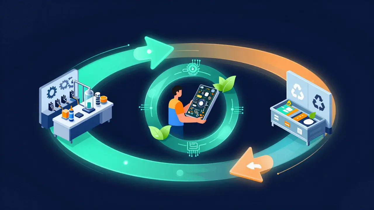Abstract digital art illustrating the circular flow of electronics through production, repair, and recycling
