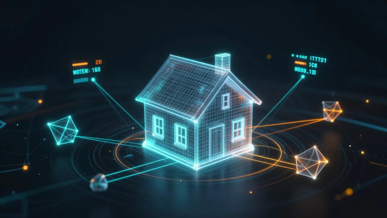 Abstract digital art of a house connected by glowing data lines representing smart automation