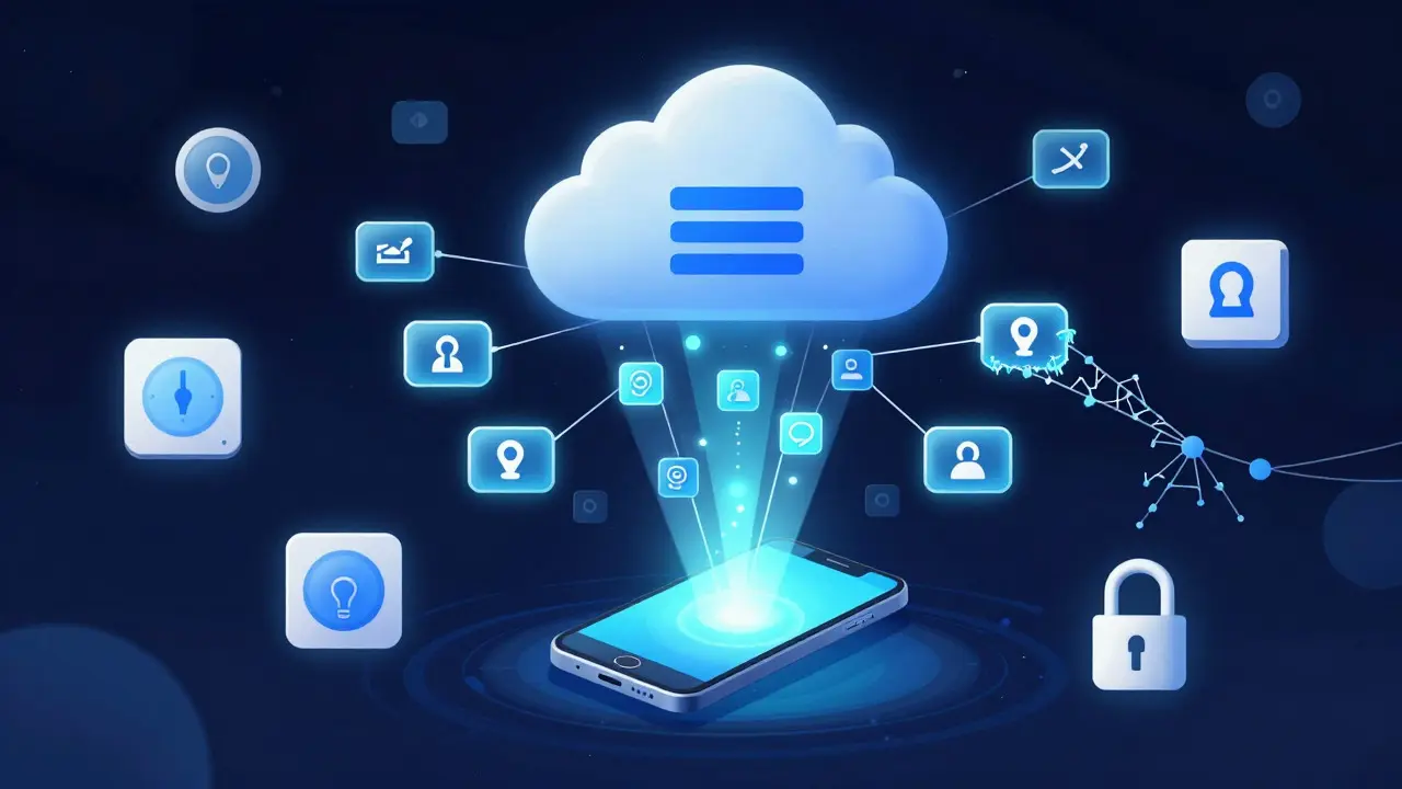 Abstract digital art showing data tokens connecting a phone to cloud servers and smart devices