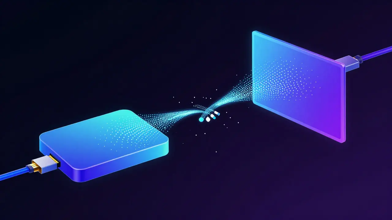 Abstract digital art showing light particles connecting two electronic devices