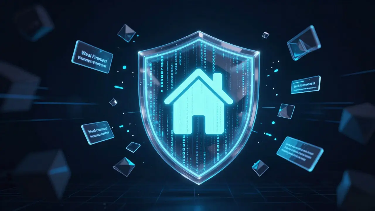 Abstract digital shield protecting a house icon from cyber threats