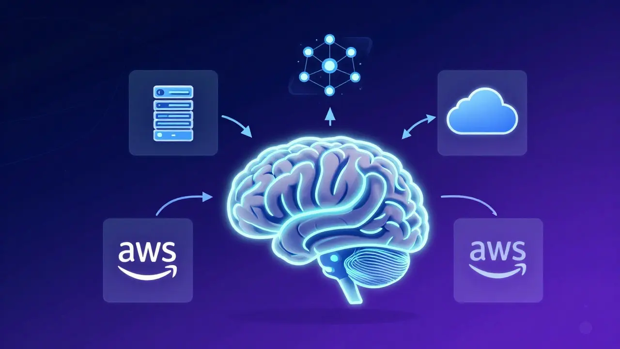 Abstract illustration of a brain connecting to tech icons like servers and clouds