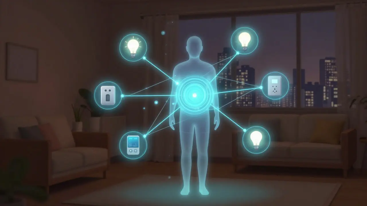 Abstract illustration of a person surrounded by a network of glowing smart device icons