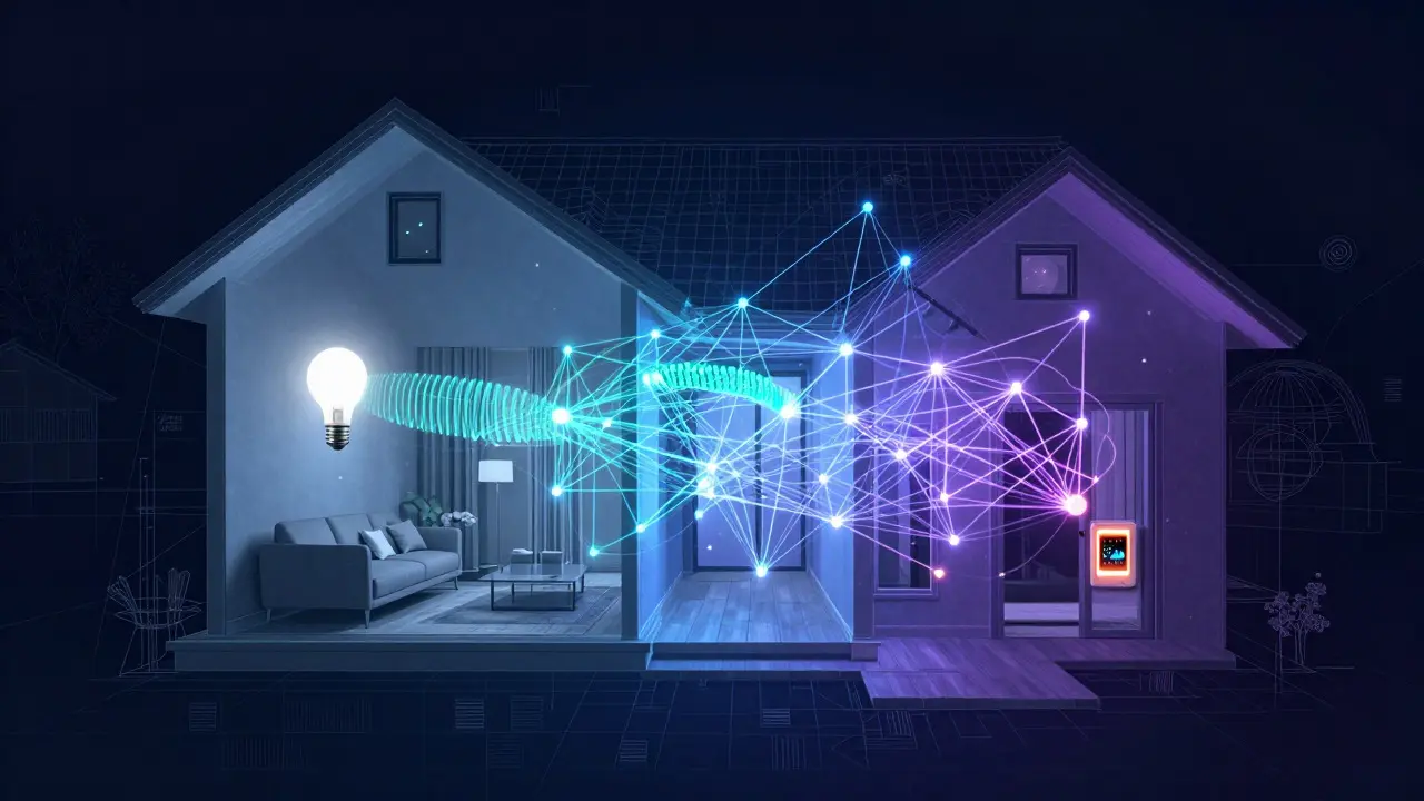 Abstract illustration of a smart home network with glowing connections between devices