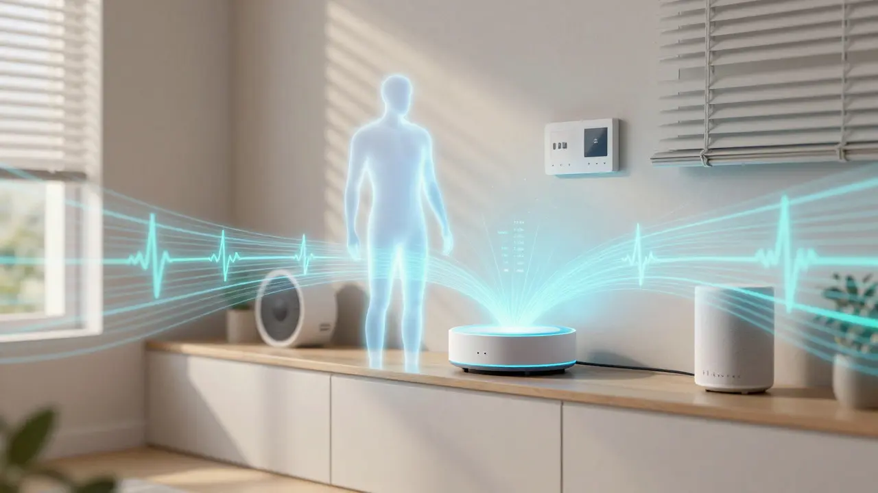 Abstract illustration of biometric data flowing from a person to smart home devices