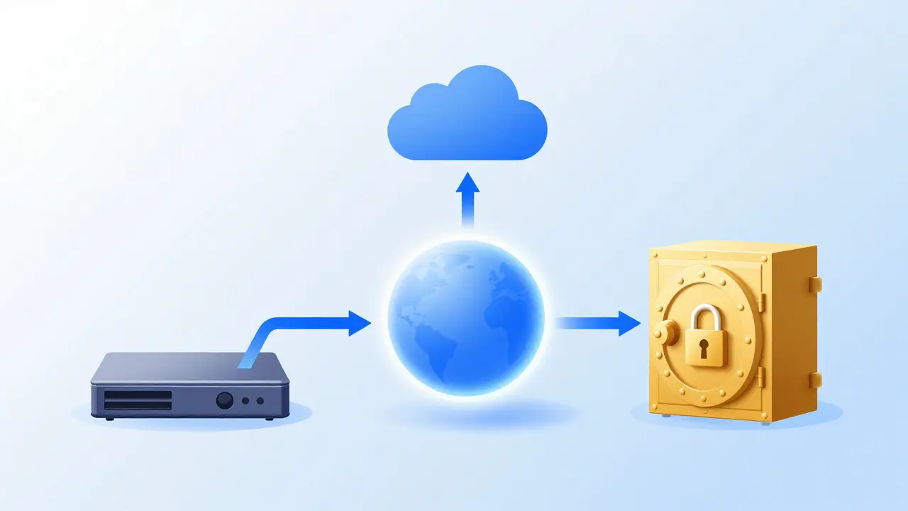 Abstract illustration of data splitting into local, cloud, and immutable storage