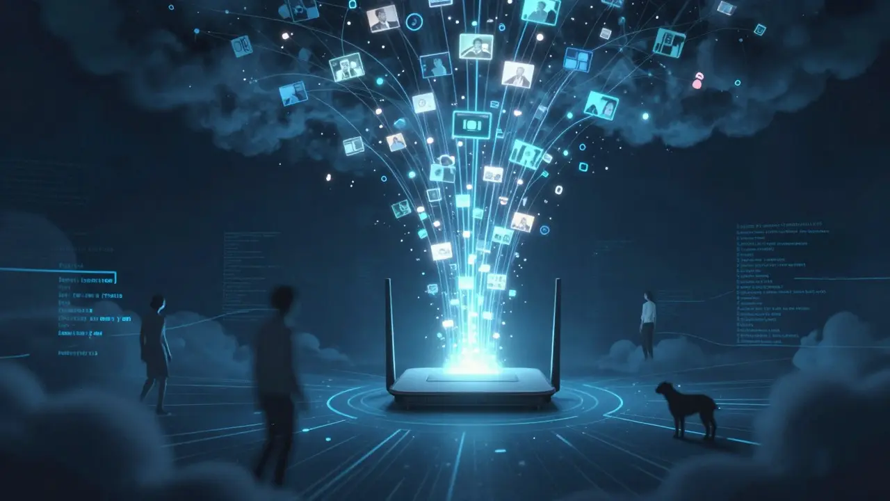 Abstract illustration of data streams flowing from a home router to a cloud network