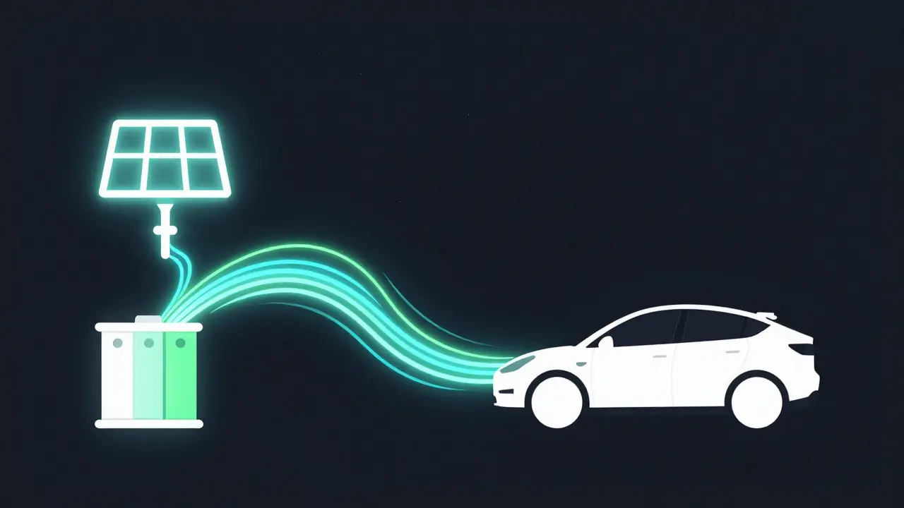 Abstract illustration of energy flowing from solar panels to a battery and EV