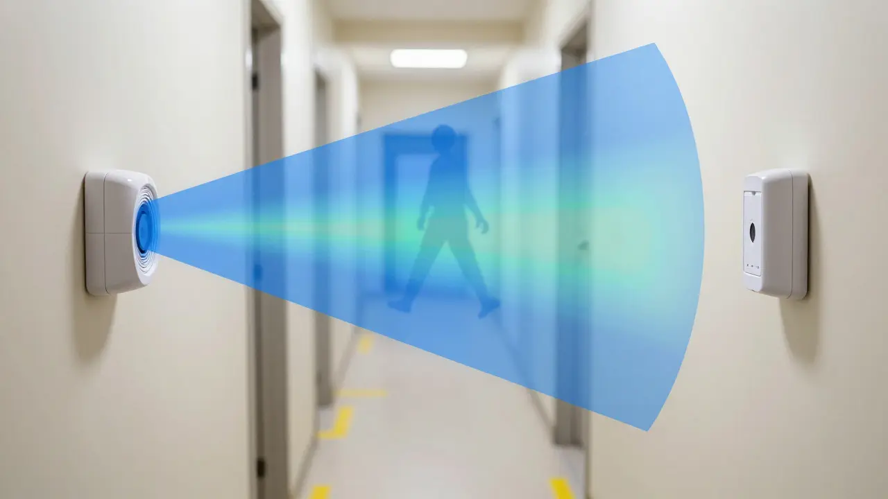 Abstract visualization of a motion sensor's detection cone and heat signature range