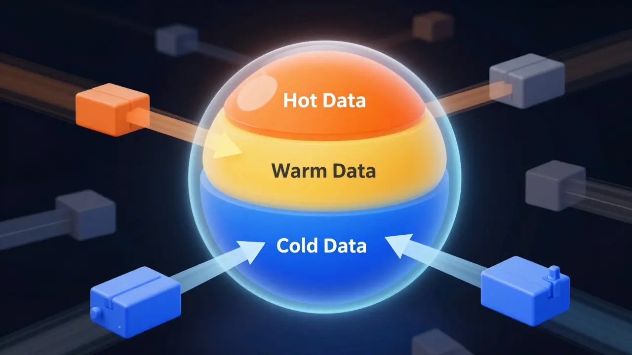 Abstract visualization of data categorized into hot, warm, and cold tiers with transfer streams