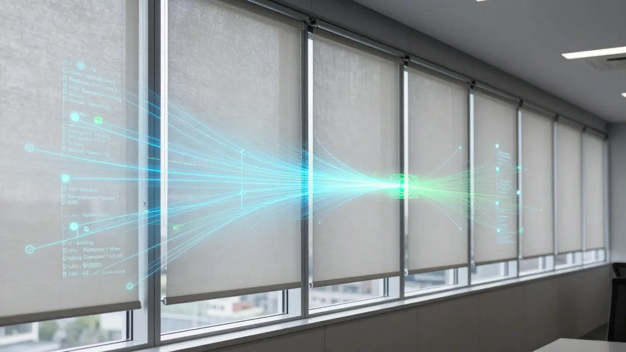 Abstract visualization of data connecting smart blinds to building systems