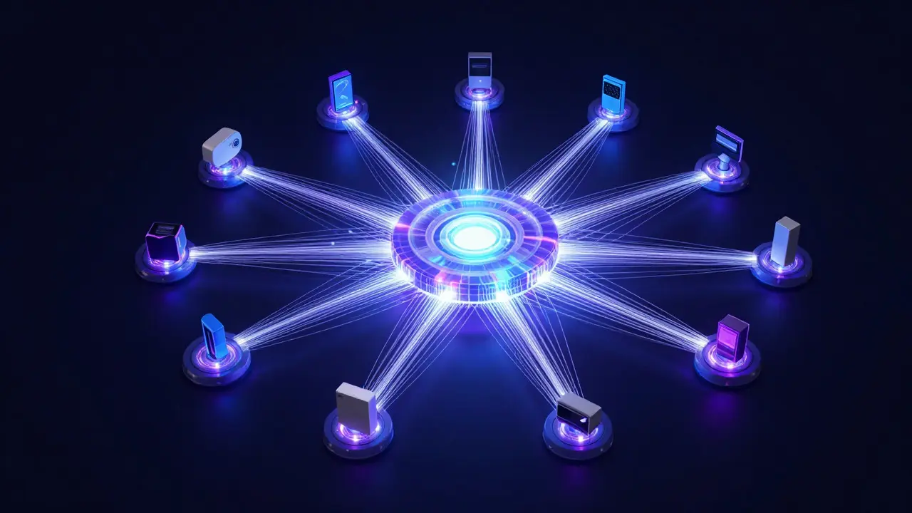 Abstract visualization of interconnected smart home data networks and APIs
