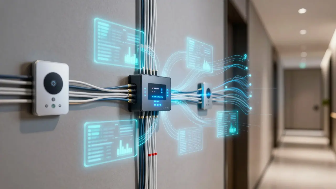 Abstract visualization of interconnected smart home sensors and data flows in a hotel room