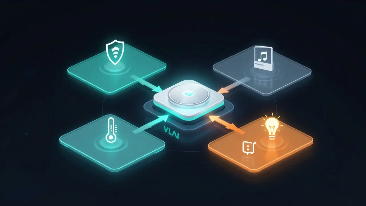 Abstract visualization of segmented smart home networks with distinct zones for security and comfort