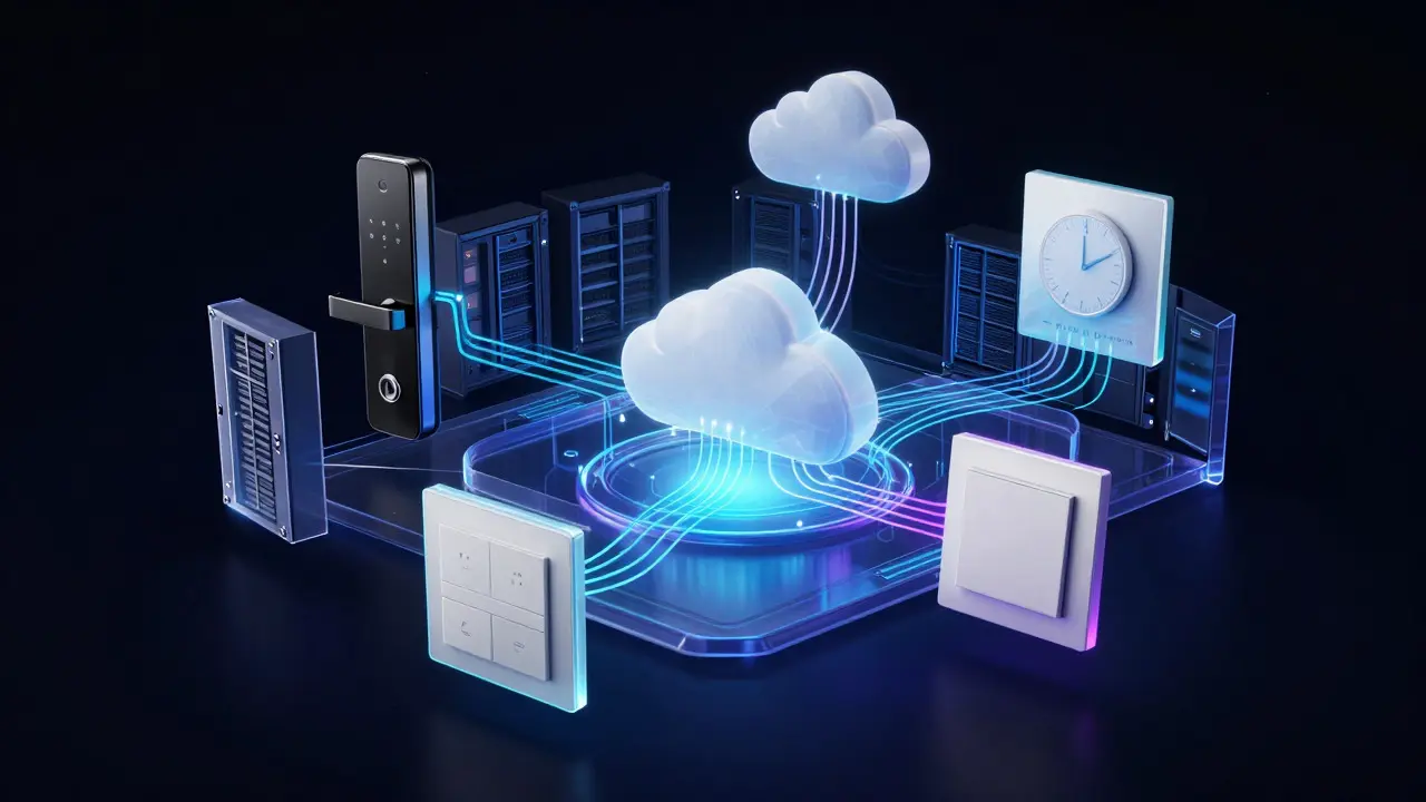 Abstract visualization of smart hotel device connectivity