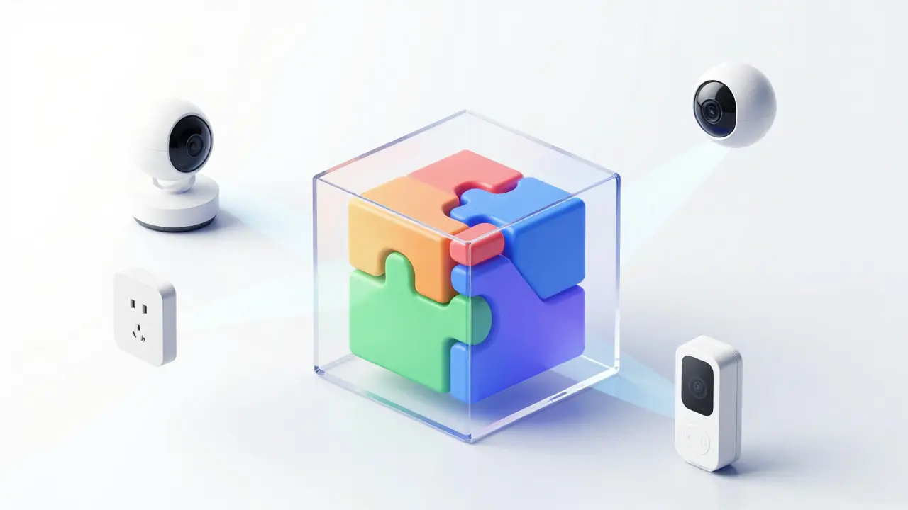 An abstract glass cube with interlocking shapes symbolizing unified smart home standards