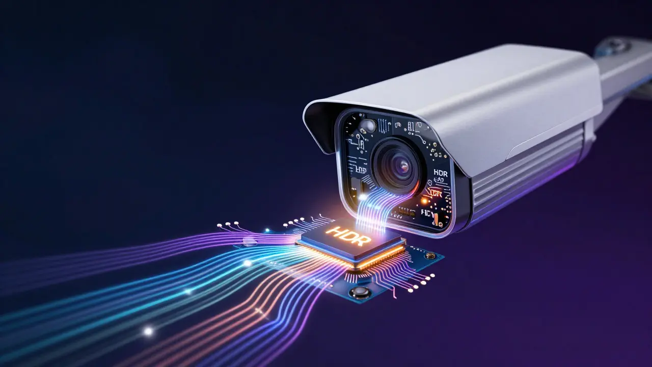 Artistic cutaway of a security camera showing glowing internal circuits processing visual data