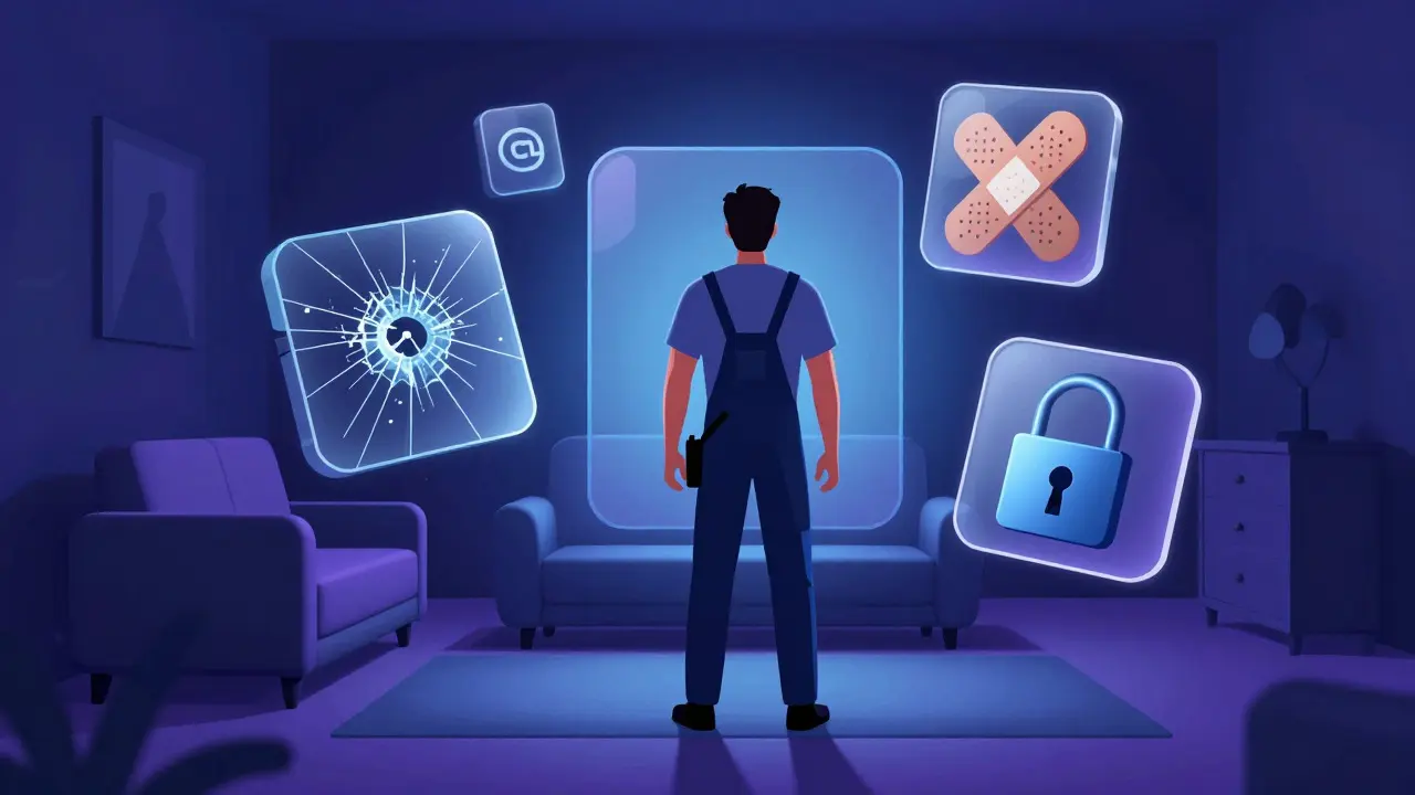 Artistic illustration of a technician surrounded by symbols of liability risks