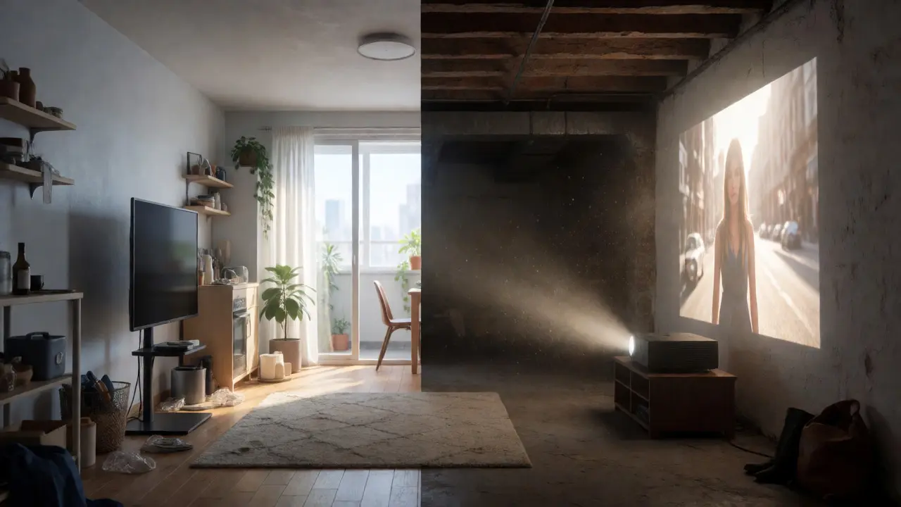 Artistic split view comparing bright TV room and dark projector room