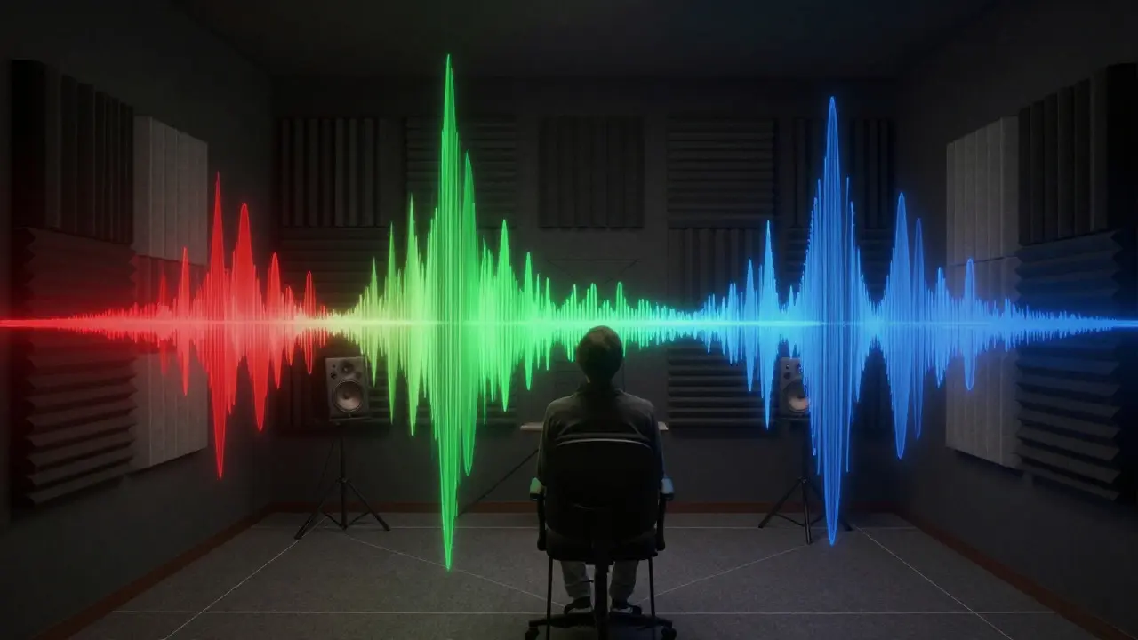 Artistic visualization of sound waves interacting with acoustic panels in a gaming room setup.