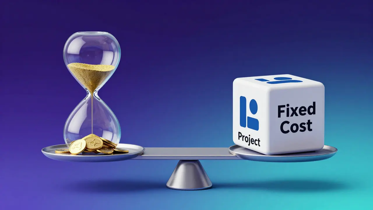 Balance scale comparing an hourglass against a solid cube representing fixed costs
