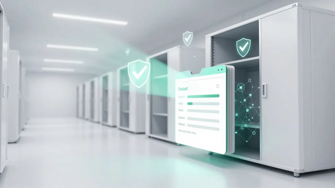 Clean digital workspace with holographic checkmarks verifying data integrity and permissions