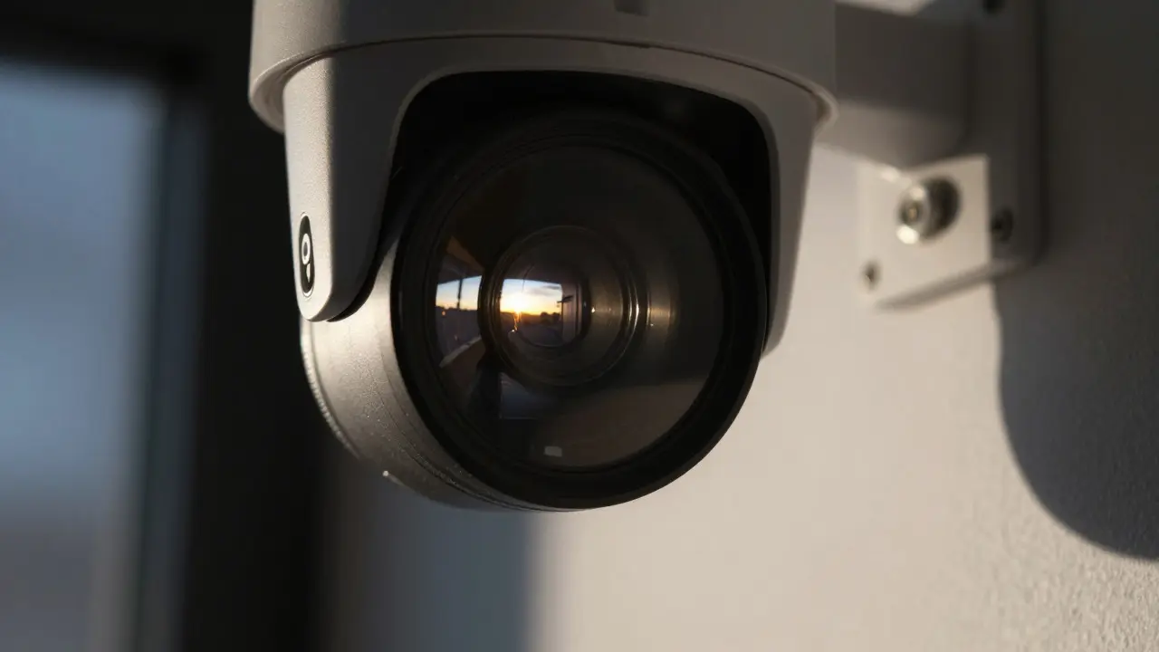 Close up of a security camera lens reflecting a bright sky and dark interior to show mixed lighting challenges