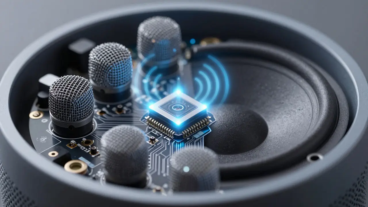 Close-up of a speaker's internal mic array and drivers with glowing light effects