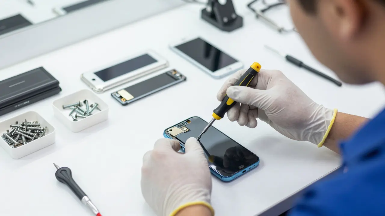 Close-up of a technician's hands repairing a smartphone with precision tools on a clean workbench