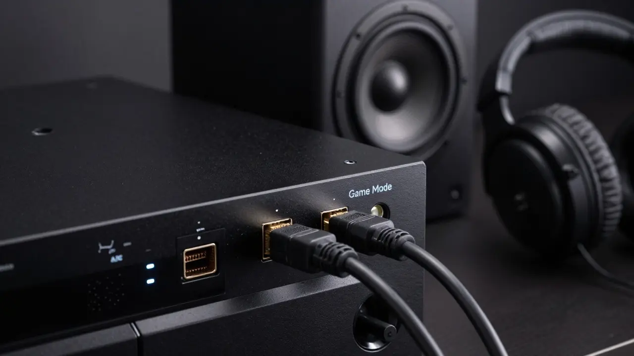 Close-up of an AV receiver with connected cables and nearby high-fidelity audio components.