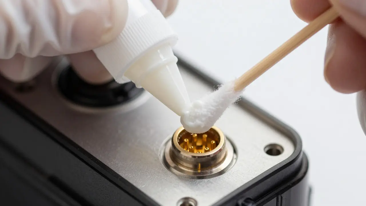 Close-up of applying dielectric grease to camera connector pins
