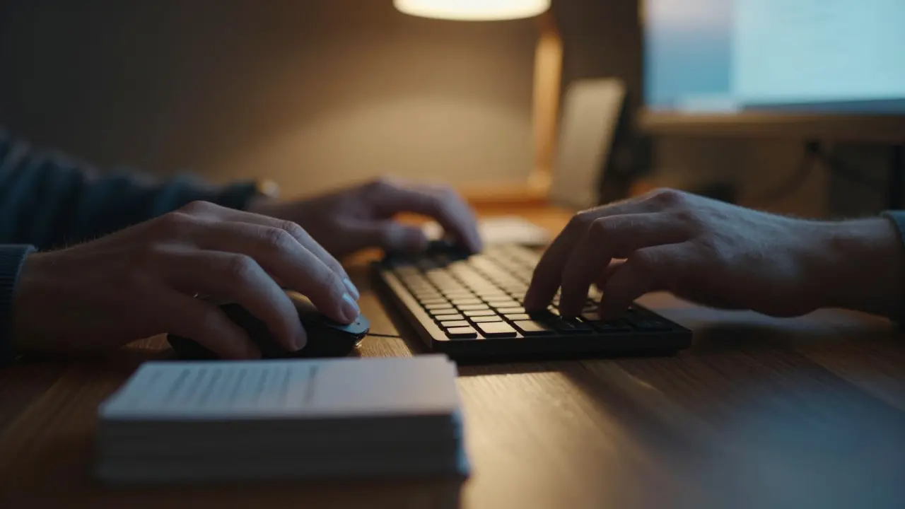 Close up of hands typing on a keyboard near flashcards under warm desk lighting