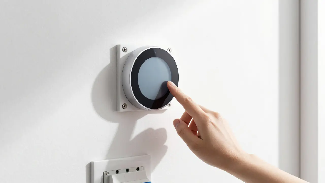 Close-up of installing a sleek smart thermostat on a white wall