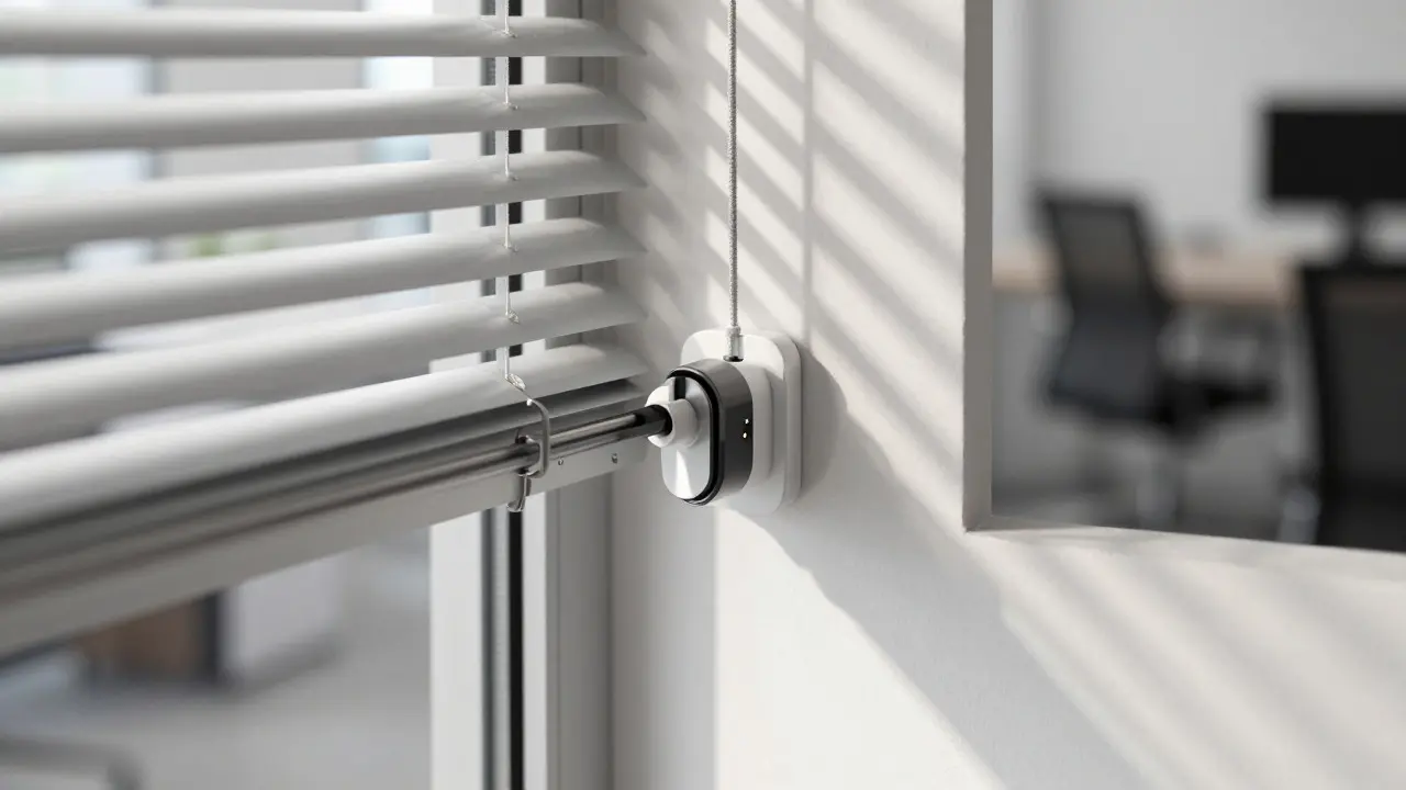 Close-up of motorized blind slats adjusting with sunlight patterns