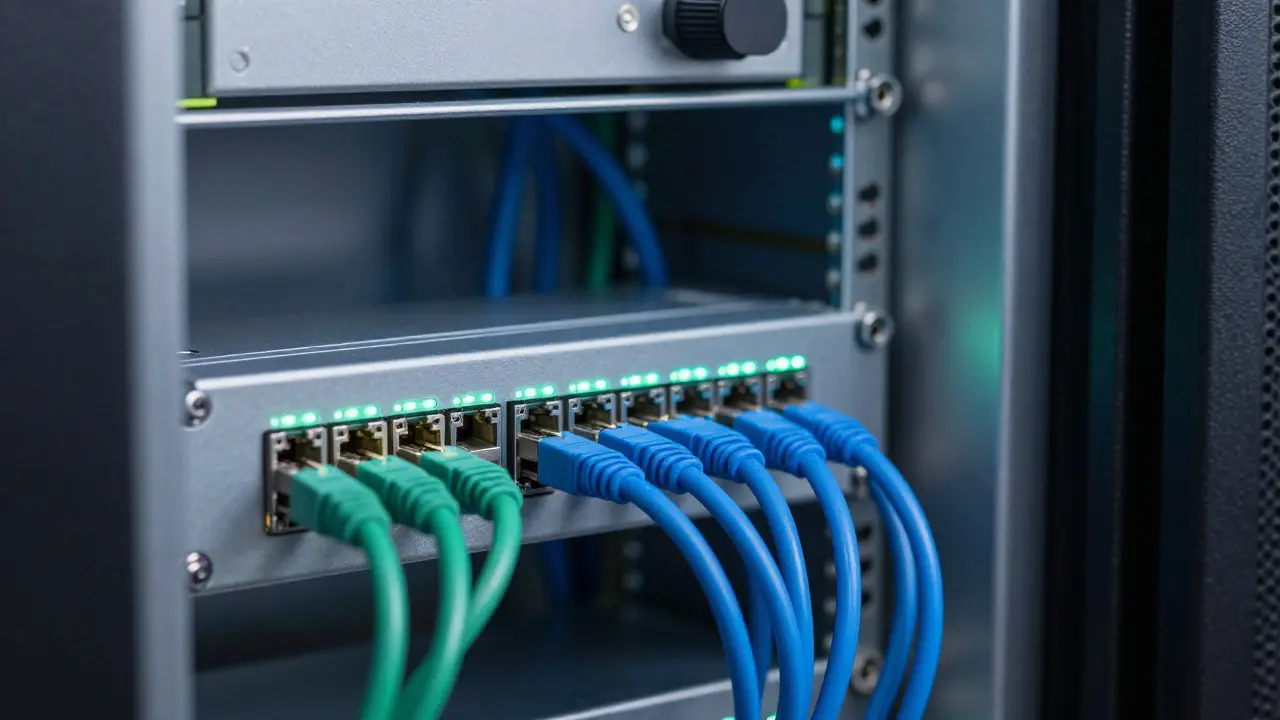 Close-up of organized industrial-grade smart home controllers and ethernet cables in a rack