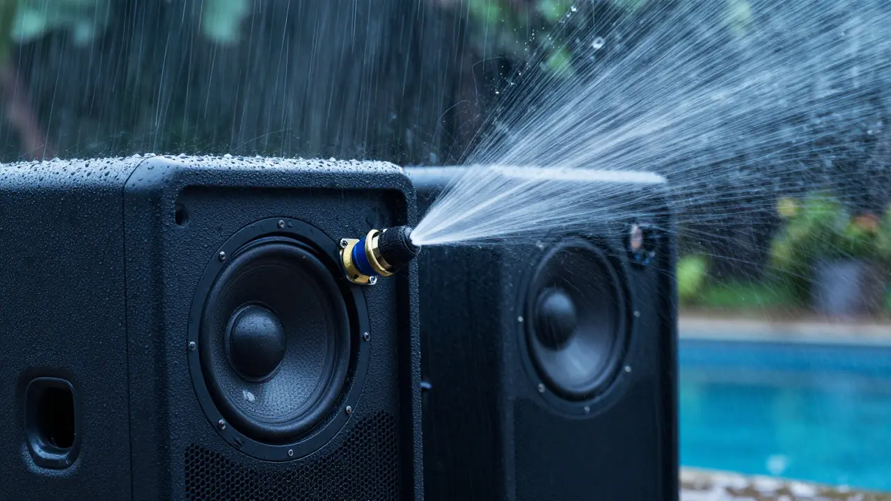 Close-up of water beading off rugged outdoor speakers during a heavy rainstorm