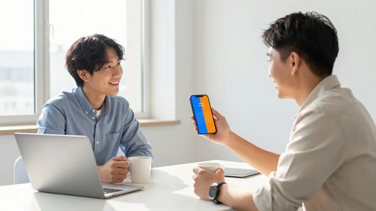 Colleagues discussing phone screen showing separated work and personal data