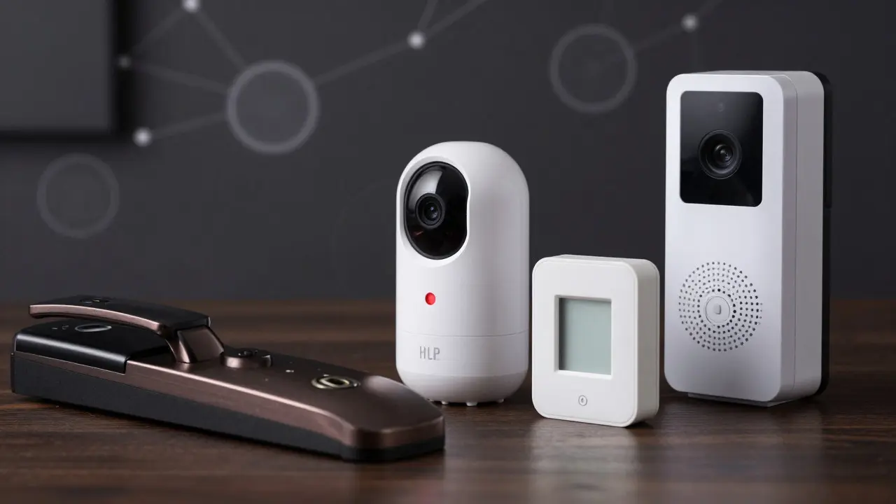 Collection of smart home security devices including locks, cameras, and sensors