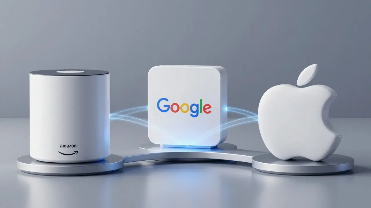 Conceptual art illustrating the Matter protocol bridging Amazon, Google, and Apple smart home systems