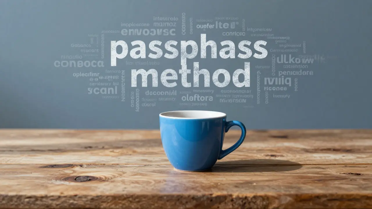 Conceptual art of a blue coffee cup surrounded by abstract word shapes