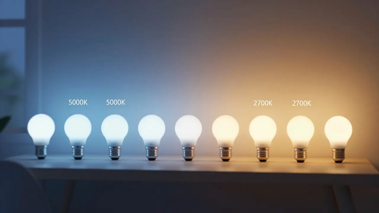 Conceptual art showing smart lights shifting from cool morning white to warm evening amber to support circadian rhythm