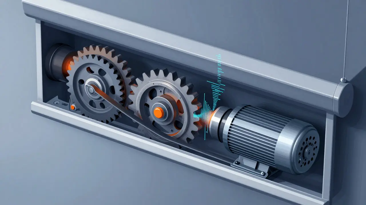 Conceptual cross-section of shade mechanics showing worn gears and signal glitches