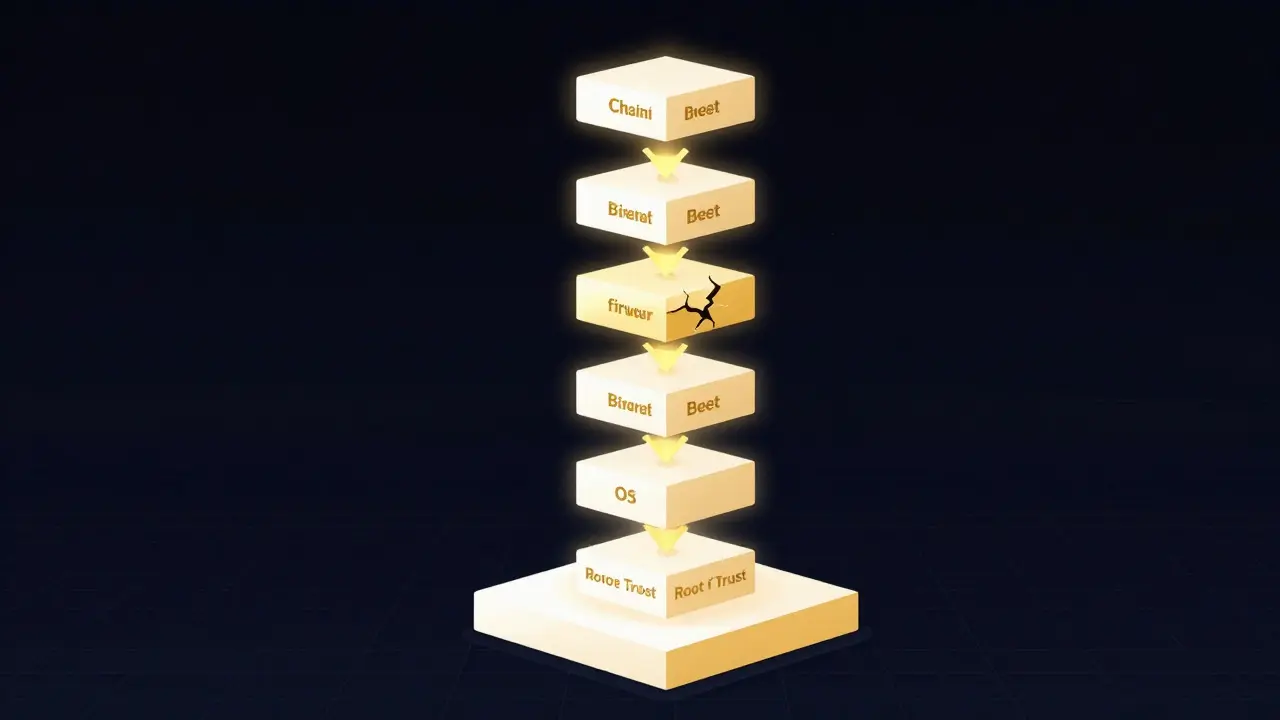 Conceptual diagram showing a glowing vertical chain of trust blocks for secure boot